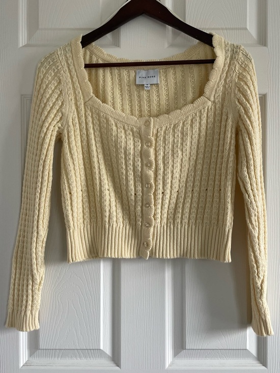 Pink Rose Sweaters - Pink Rose Butter Yellow Cable Knit Cardigan Cropped Spring Romantic Blouse